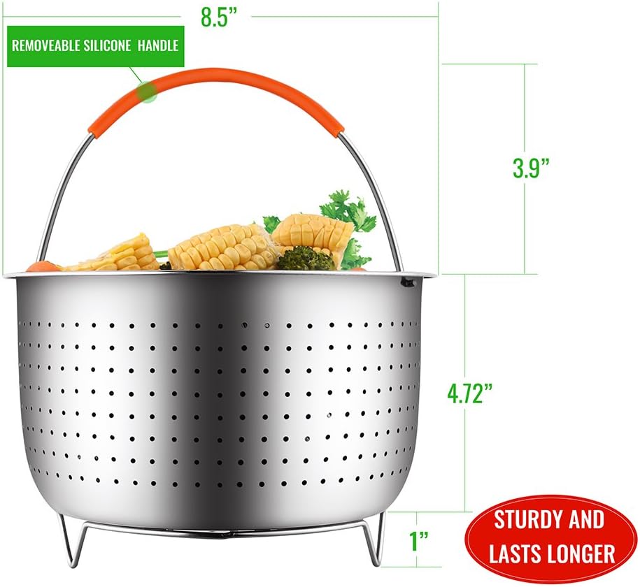 House Again Original Sturdy Steamer Basket for 6 or 8 Quart Pressure Cooker, 304 Stainless Steel Steamer Insert Accessories with Silicone Covered Handle