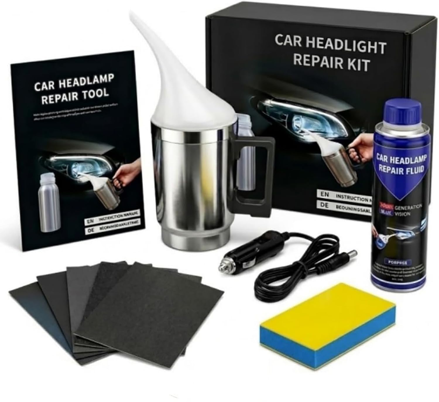 Kit Renovateur Phare Voiture,Kit de rénovation de phares de Voiture avec Tasse d'atomisation 200ml,Kit Polissage Phare Voiture,Kit Polissage jaunissement Flou Scratch du Phares des Auto Moto