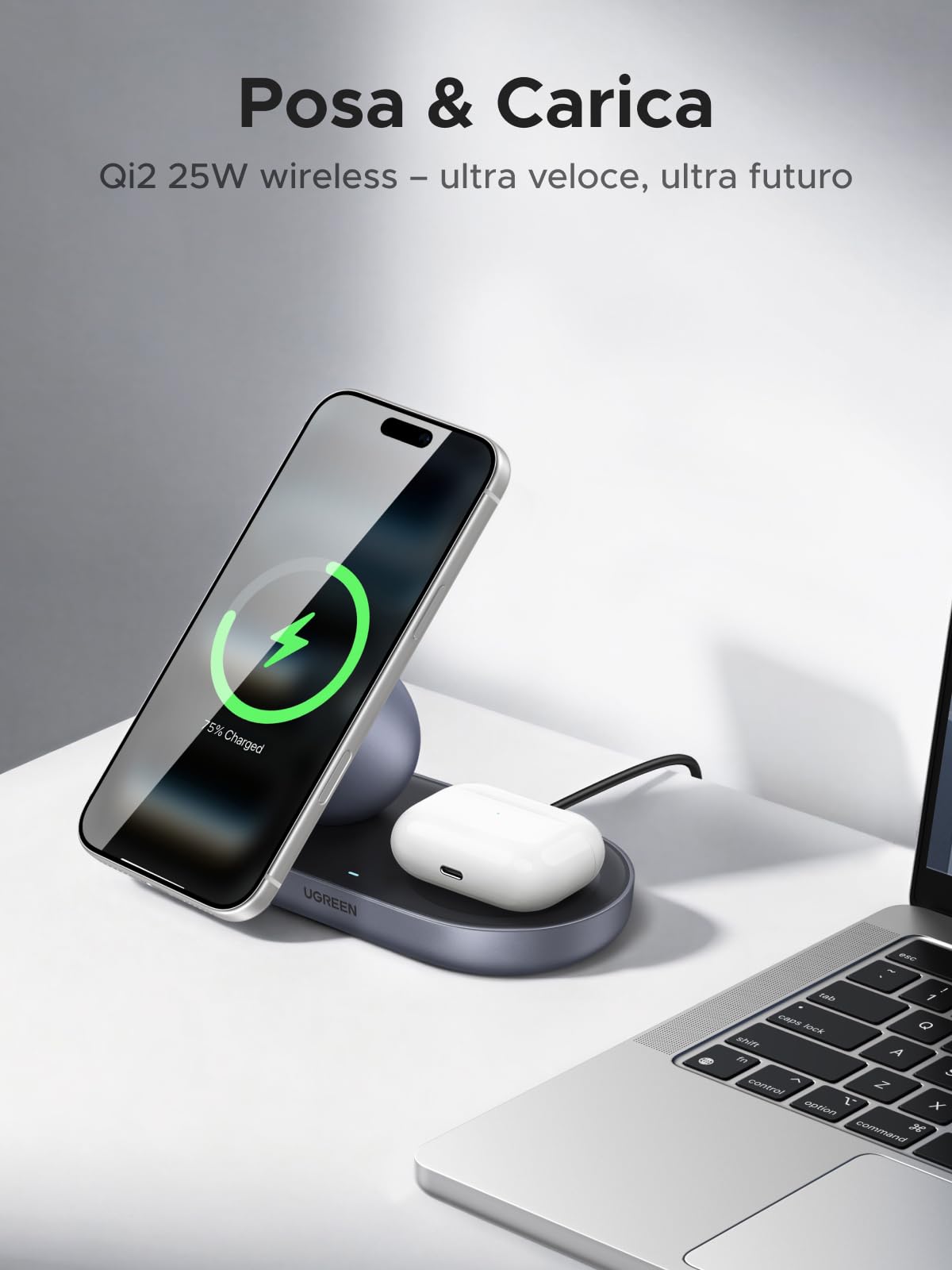 UGREEN Zapix Caricatore Wireless iPhone, Qi2 25W Ricarica Ultra Rapida, 2 in 1 Base Ricarica Magnetico Compatibile con Magsafe iPhone 17 16 15 14 13 12 Pro Max Air Plus AirPods (Nero)