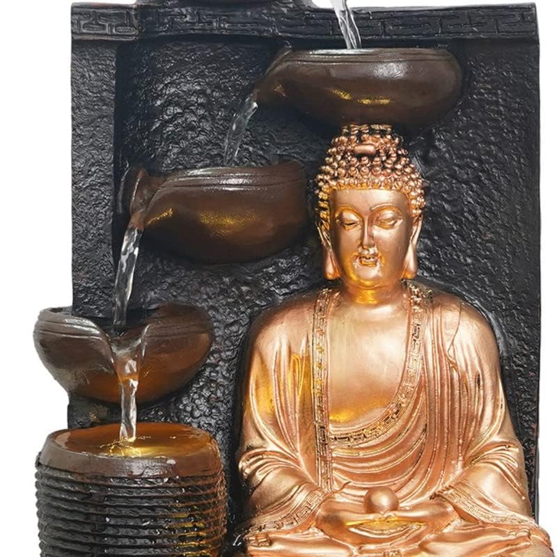 Image of Polyresin Golden Brown Meditating Buddha Tabletop Indoor 4 Diya Steps Water Fountain for Home Decor with Yellow LED Light & Speed Controller Pump (Size: 40 x 29.5 x 22CM | Wt: 2685grm)