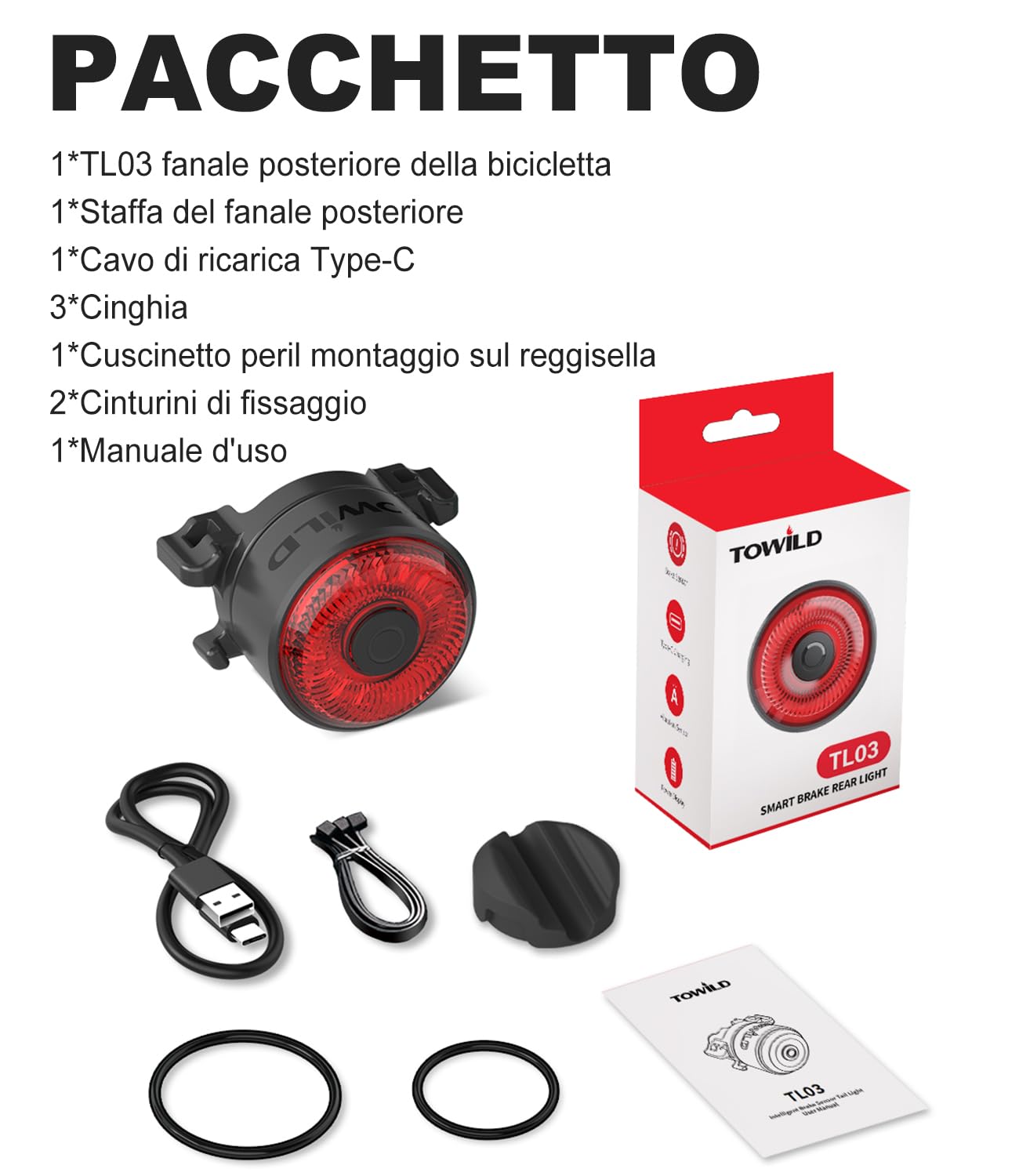 TOWILD TL03 Fanale Posteriore per Bici da Freno,Lampada Posteriore per Bicicletta Intelligente,Fino a 36 Ore di Illuminazione IPX6 5 Modalità Luce Posteriori Da Bicicletta Ricaricabile USB-C