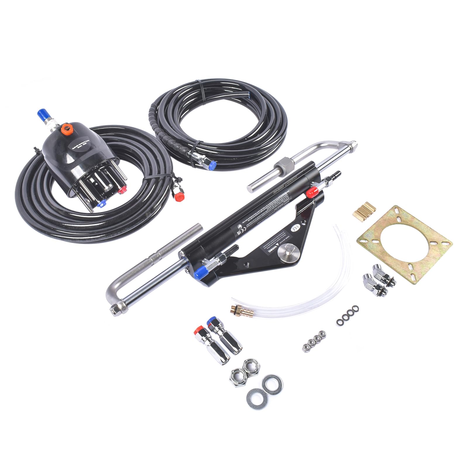 AKWH 150HP Hydraulic Outboard Steering Kit, Two-Way Locking Cylinder, 2X 26FT Hydraulic Hoses & 150HP Pump, Single-Station Setup, Single-Engine use