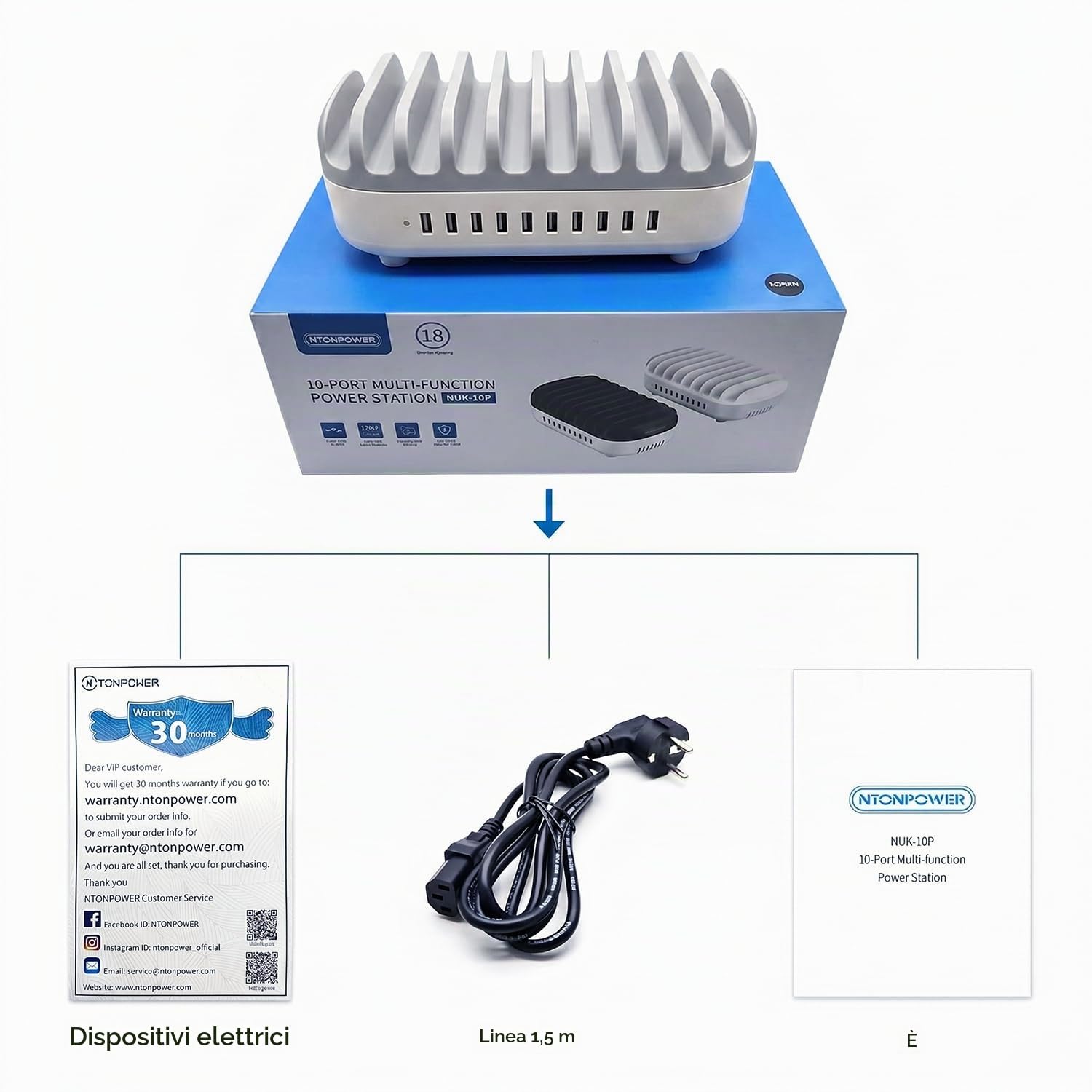 Stazione di Ricarica NTONPOWER con 10 Porte USB, per 10 Tablet e Smartphon, Caricatore Multi USB da 120W, Per Contenere più Componenti Elettronici e Organizzare la Scrivania - Grigio