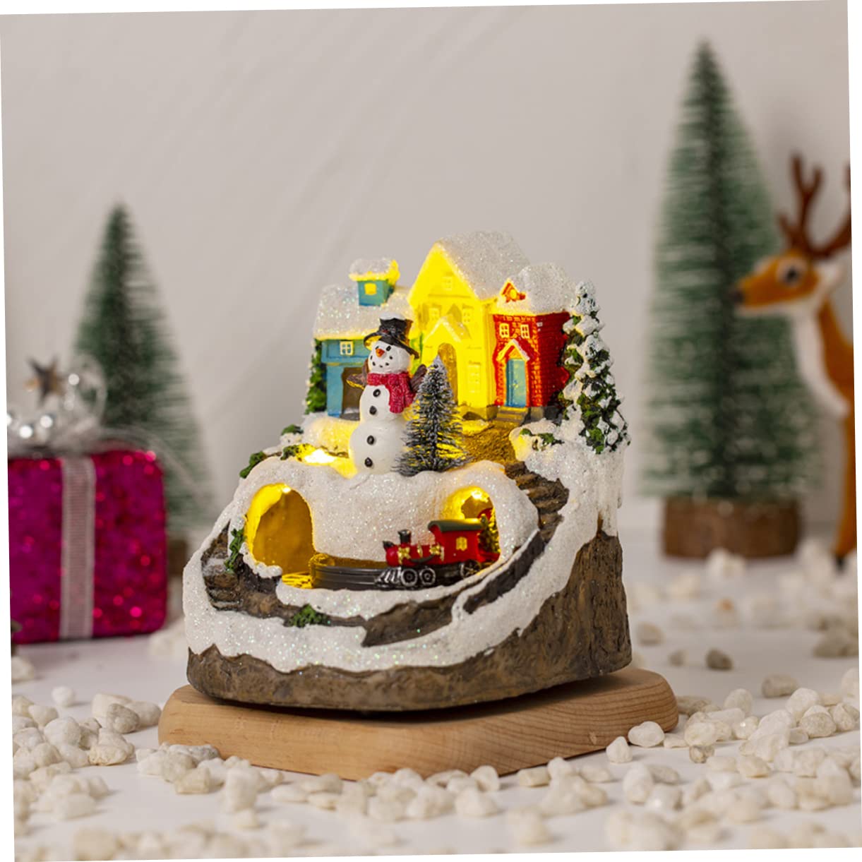 Amosfun Casa Illuminata di Natale in Miniatura Decorazione da Scrivania con Musica Leggera e Treno per Regali di Compleanno o Anniversario per Addobbo Natalizio di Casa