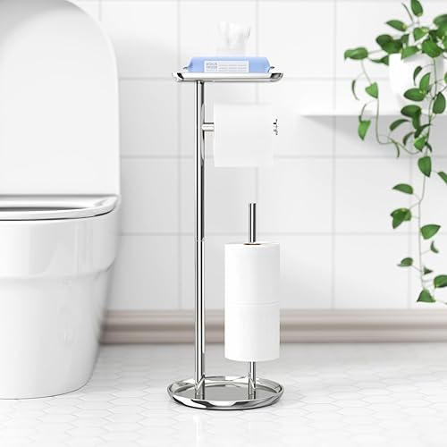 Miniatura 7 de Soporte de papel higiénico con estante de almacenamiento superior, soporte de rollo de papel higiénico cromado de pie, dispensador de rollos