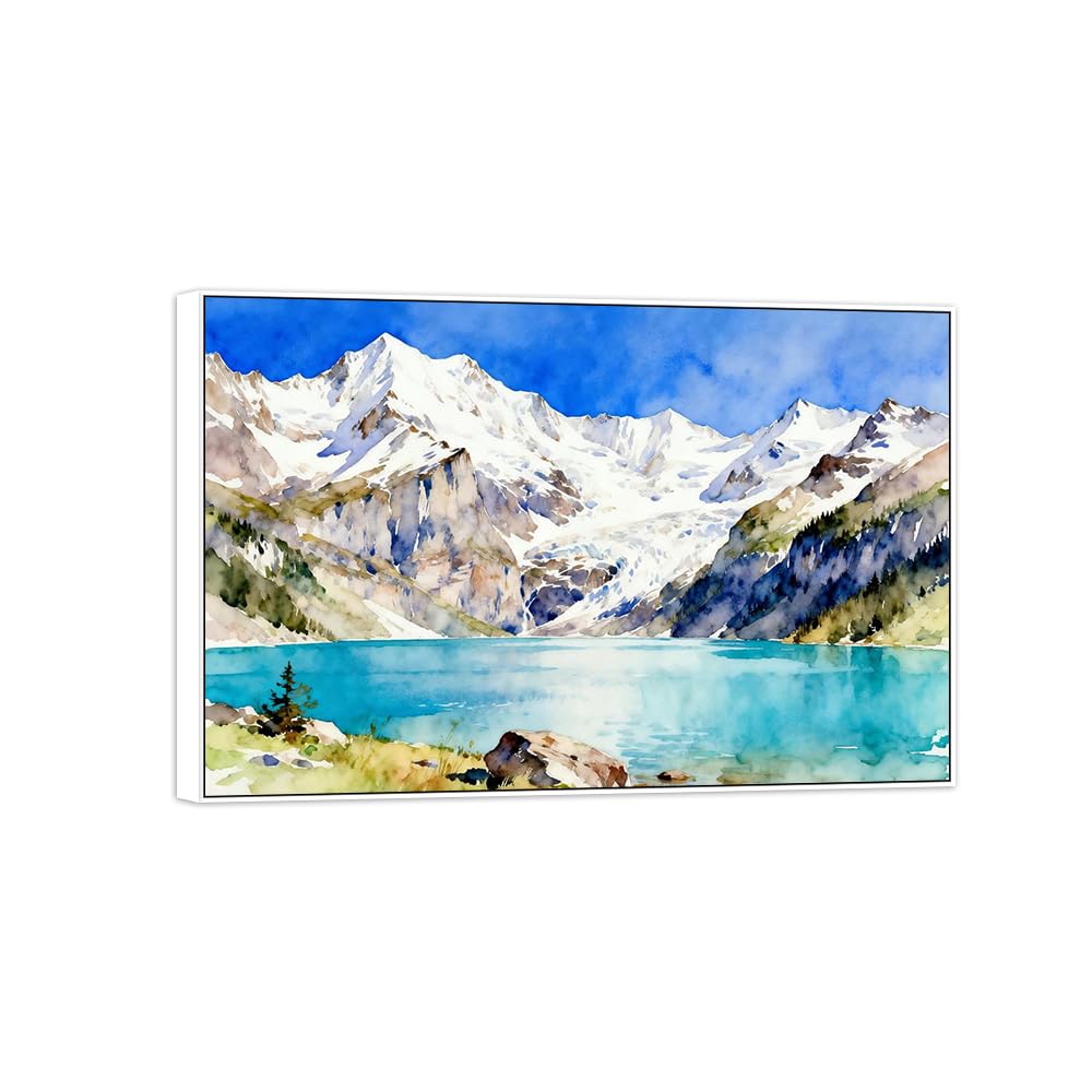 OZPWBVY Landscape Canvas Wall Art Picture-Snow Mountain Lake-Nature Prints for Living Room Bedroom Home Decor Ready to Hang 16x24in40x60cm White Frame