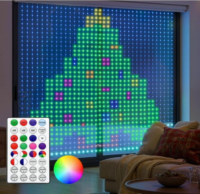 Image of Brightown 540 LED RGB Smart Curtain Fairy Lights with Remote, 4.9x6.6ft | Color Changing Christmas String Lights with 8 Modes & Timer, IP65 Waterproof Curtain Lights for Bedroom Window Party Holiday