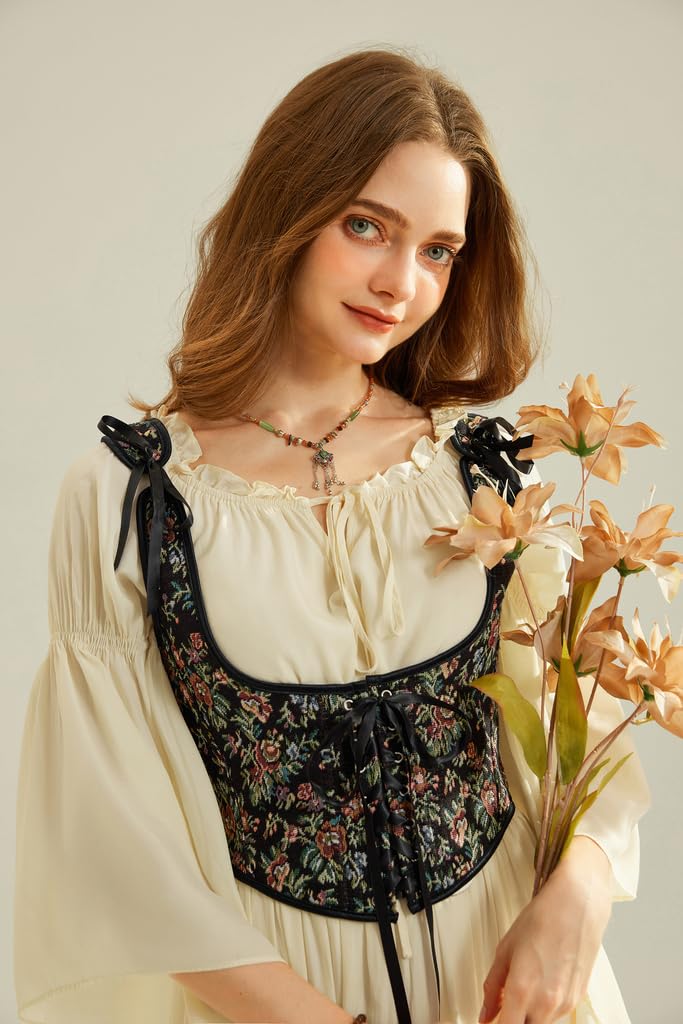 SCARLET DARKNESS Damen Renaissance Korsett U-Ausschnitt Lace-up Corset Top Blumendruck Bustier
