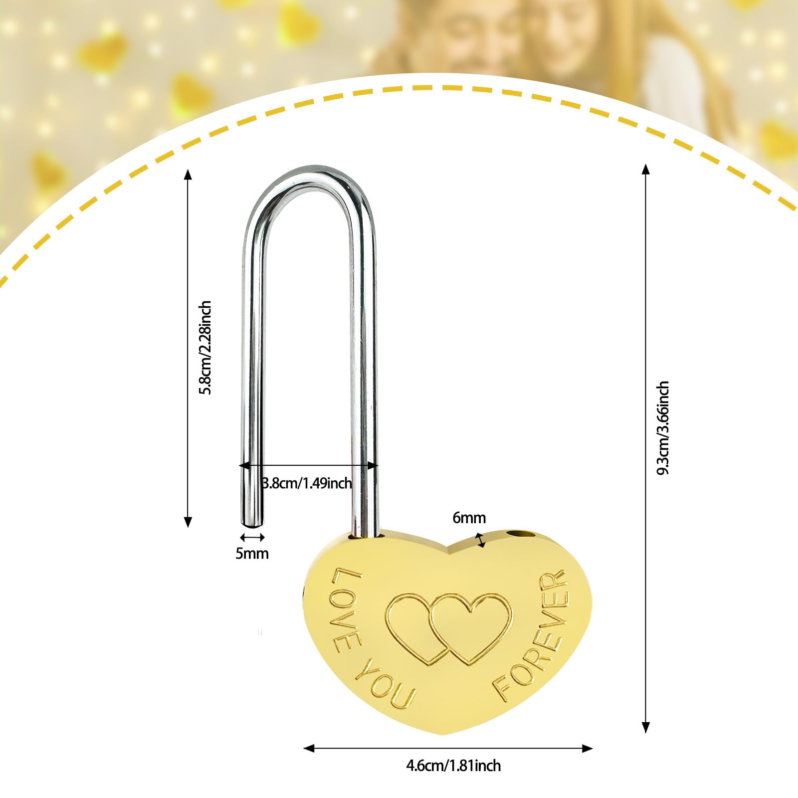 5 candados de latón con corazón único de 3.5 pulgadas, 50 mm, candado de metal grabado Love-You-Forever para puente Lovelock, boda y aniversario (sin llave)