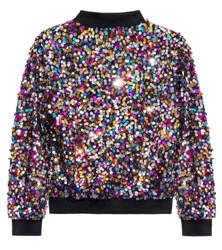 Girls Sequin Bomber Jacket Glitter Outwear Long Sleeve Zipper Jackets 5-12T2