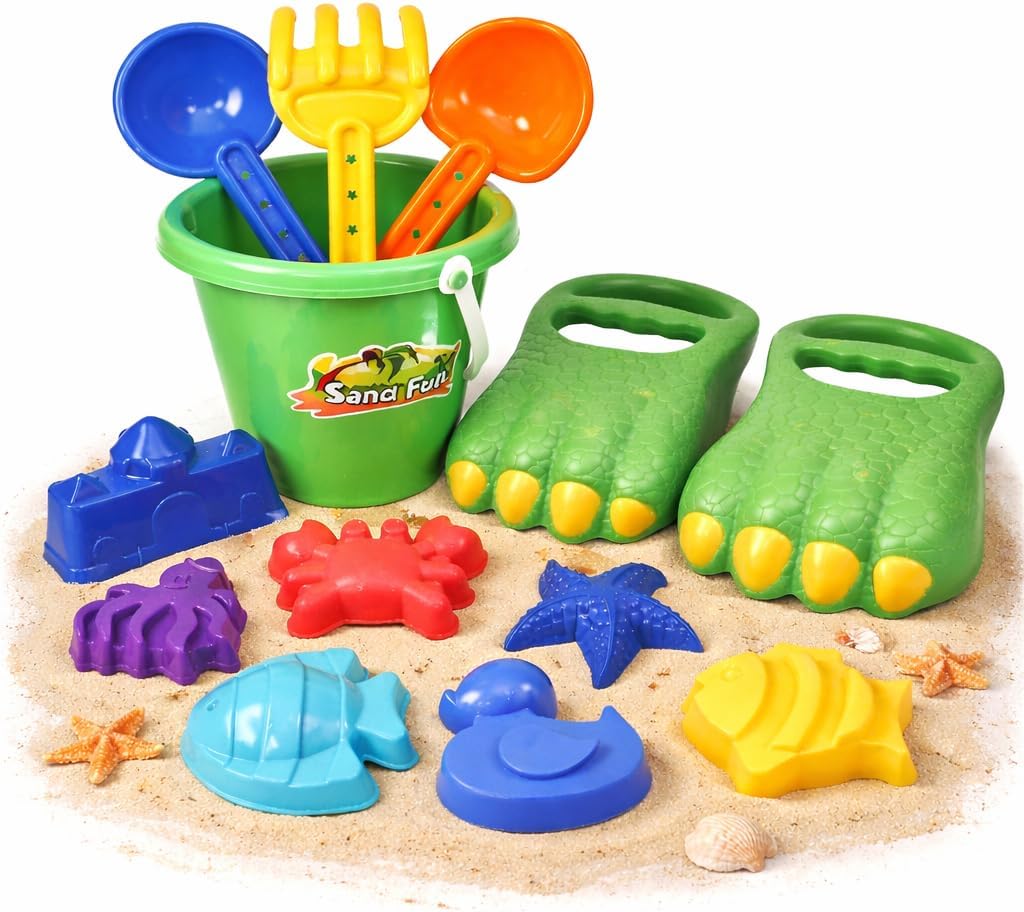 Liberty Imports 13 PCS Beach Sand Toys, Dinosaur Claw Hand Scoop Play Set with Bucket, Shovel Tools, Animal and Castle Sand Molds - Beach Sandbox Toys for Toddlers & Kids