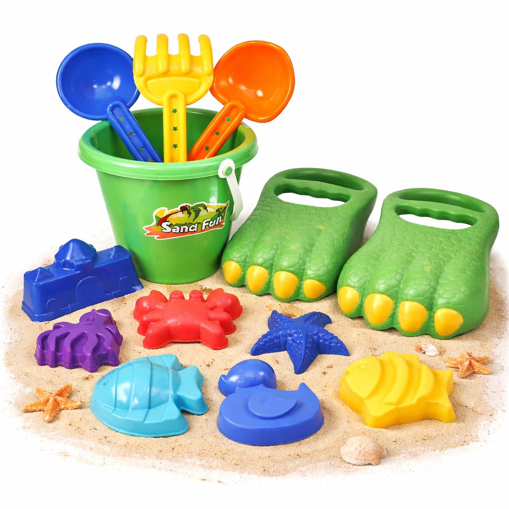 Liberty Imports 13 PCS Beach Sand Toys, Dinosaur Claw Hand Scoop Play Set with Bucket, Shovel Tools, Animal and Castle Sand Molds - Beach Sandbox Toys for Toddlers & Kids