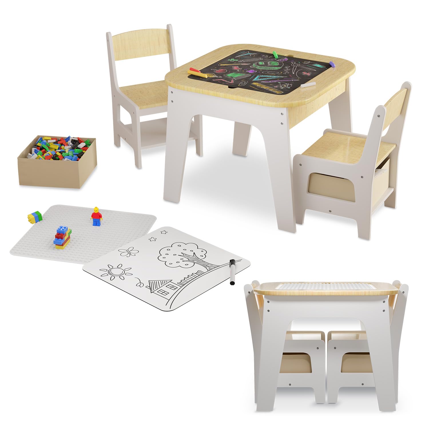 Juskys Set da tavolo per bambini Milou - 2 sedie & 1 tavolo in legno con spazio contenitore - set gioco e disegno per bambini - naturale