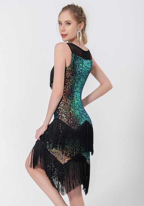 Z&X Women's Latin Dance Dress Glitter Sequin Fringe Flapper Party Bodycon Dress Ballroom Dance Costume Tag XL, Multicolor Green by Z&X - Image 5