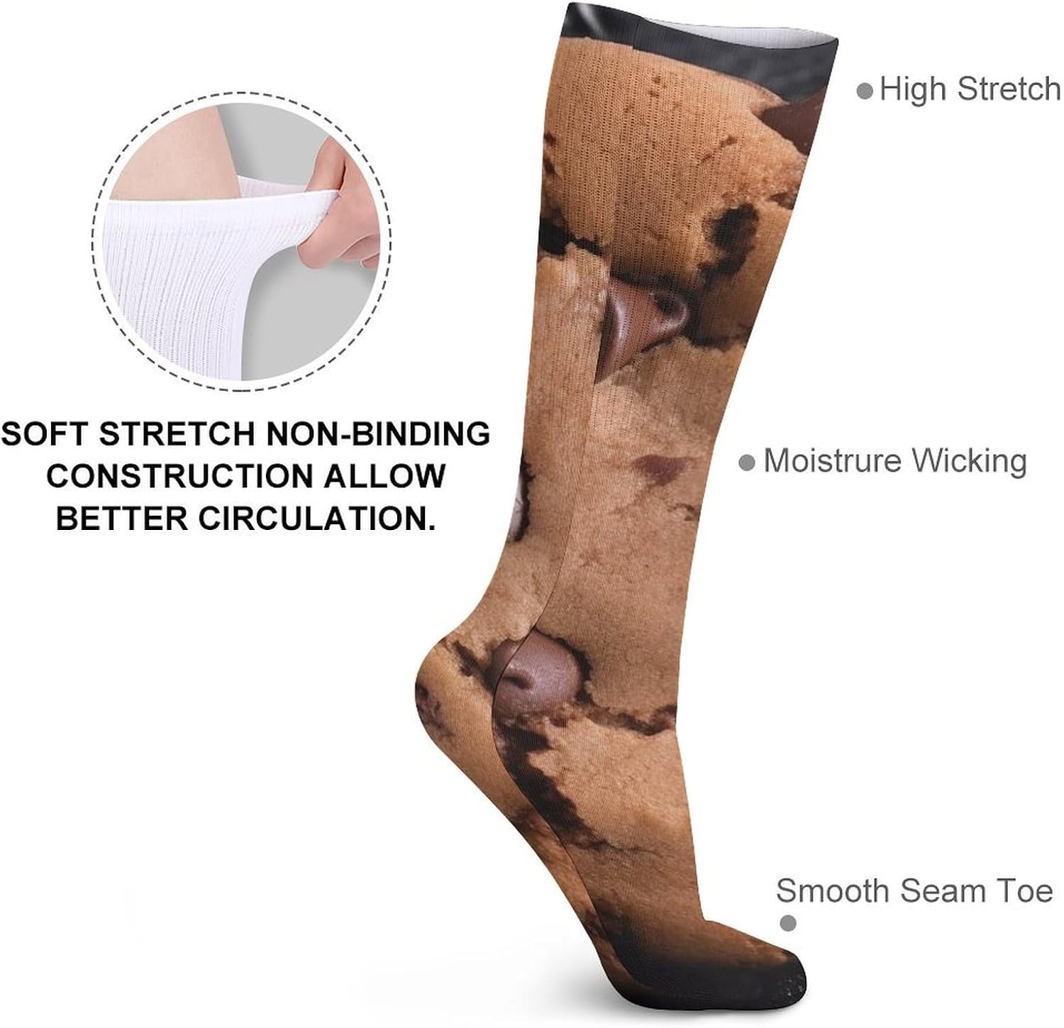Breathable Crew Sock, Moisture Wicking, Athletic Calf Socks, Cozy | Chocolate Cookie Compression Socks for Women Men, Lightweight High Work Socks for Business, Casual