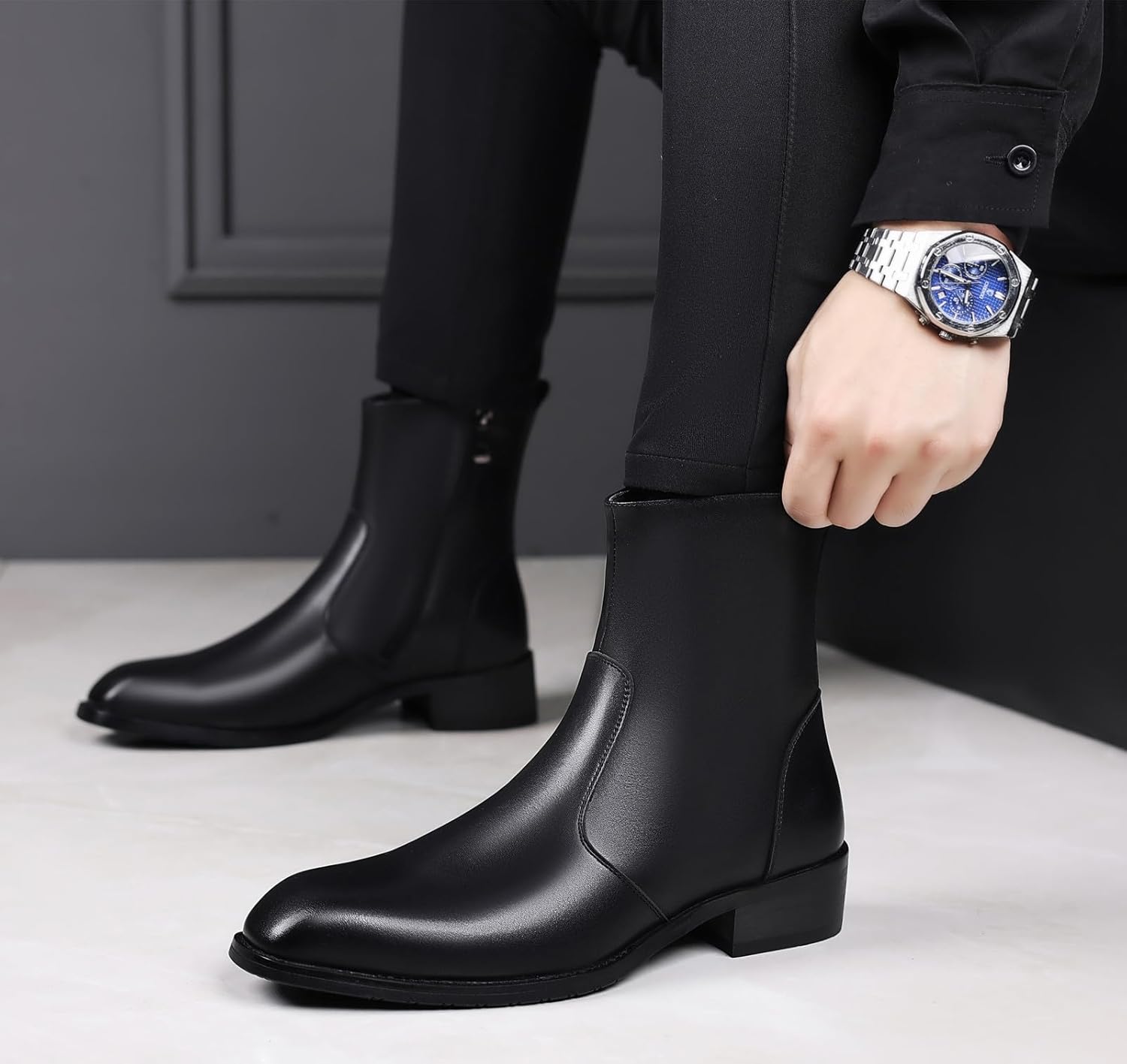 DADAWEN Men's Chelsea Boots with Side Zipper Fashion Casual Business Chukka Ankle Boots Classic Leather Dress Boots For Men - Image 2
