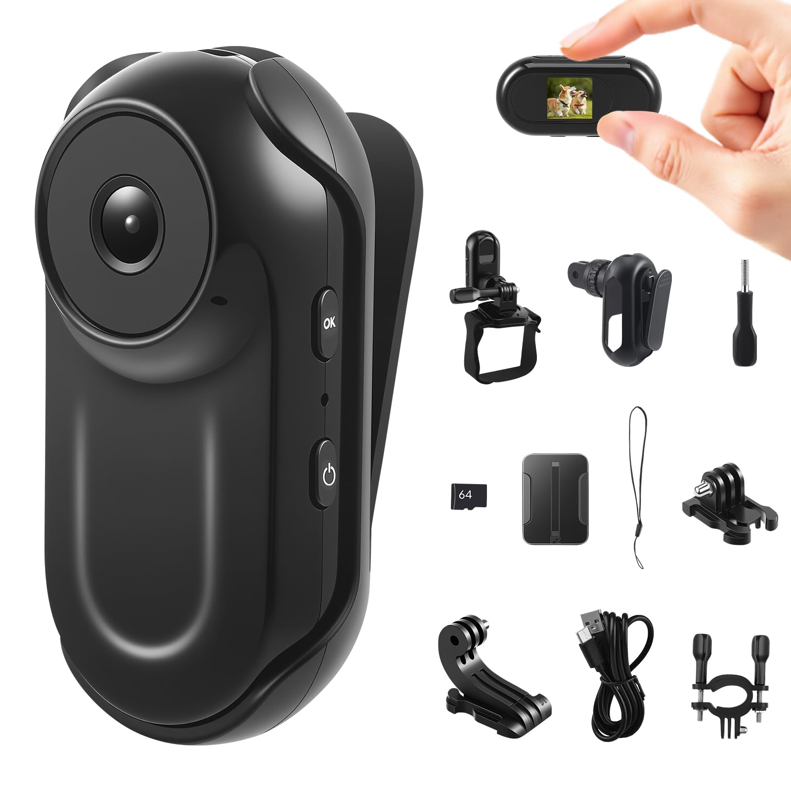 Mini Caméra Action 1080P Caméra Corporelle Magnétique avec Accessoires Caméra Casque pour Moto, Vélo, Sport Camra Portable avec Carte SD 64GB, Enregistrement en Boucle, Étanche