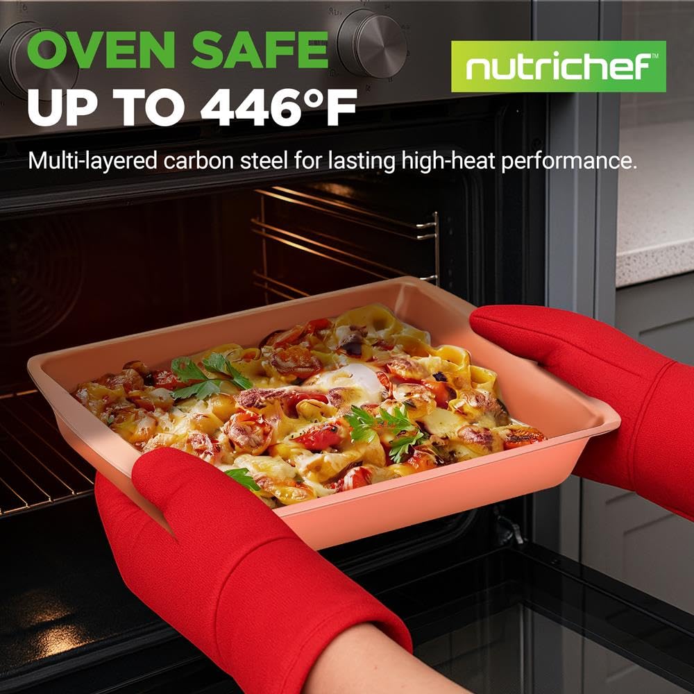 NutriChef Juego de 5 moldes para hornear, sartenes antiadherentes de acero al carbono, bandejas apilables, bandeja de cocina para horno, con asas de silicona, sin PFOA, PFOS, PTFE