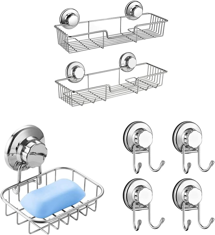 SANNO Suction Cup Shower Caddy with Hooks Suction Cup Soap Holder, Soap Dish Saver Tray Bar Soap Sponge Holder Powerful Vacuum Suction Cup Hooks