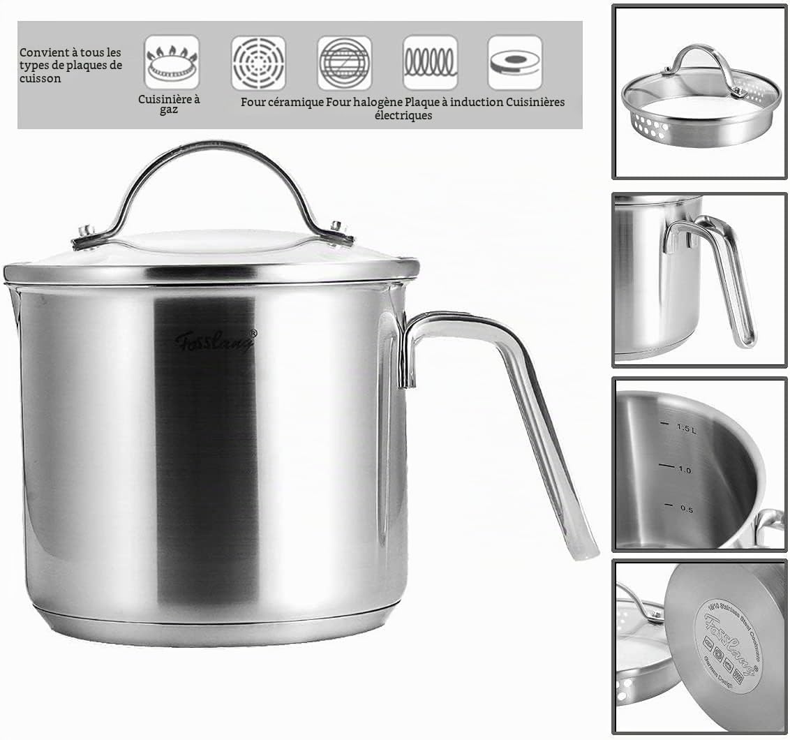 Casserole à lait anti-adhésive avec bec verseur en acier inoxydable et couvercle en verre pour faire bouillir le lait, la sauce, les pâtes, les nouilles - 14 cm
