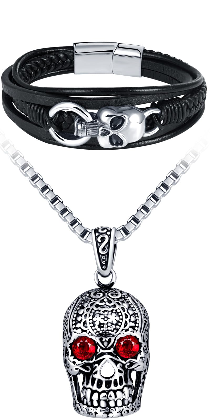 Colliers Pendentif Tête de Mort avec Zircon Rouge en Acier Inoxydable Hommes Garçons Vintage Bracelets Tressé en Cuir Multicouche de Face de Fantôme pour Adolescents Bijoux Parures
