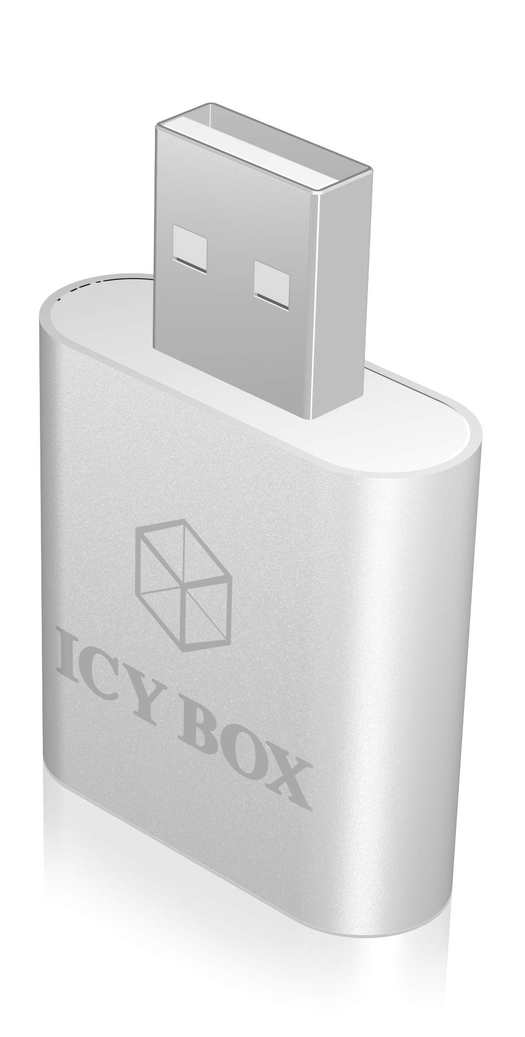 Icy Box IB-AC527 zewnętrzna karta dźwiękowa USB/USB do słuchawek i mikrofonu (2 x 3,5 mm), aluminiowa obudowa (srebrna)