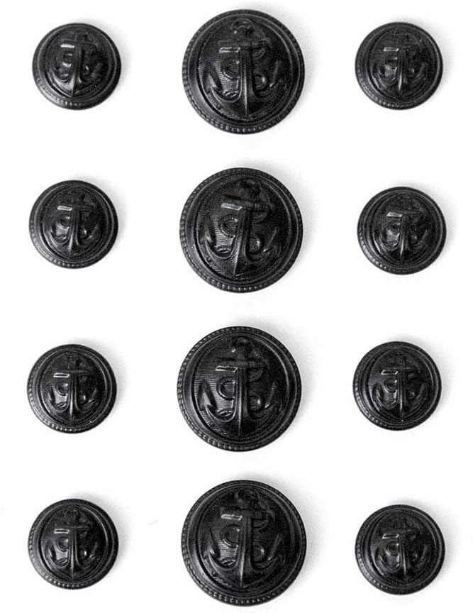 Set of 12 Matte Black Nautical Anchor Buttons in Two Sizes, Made in France