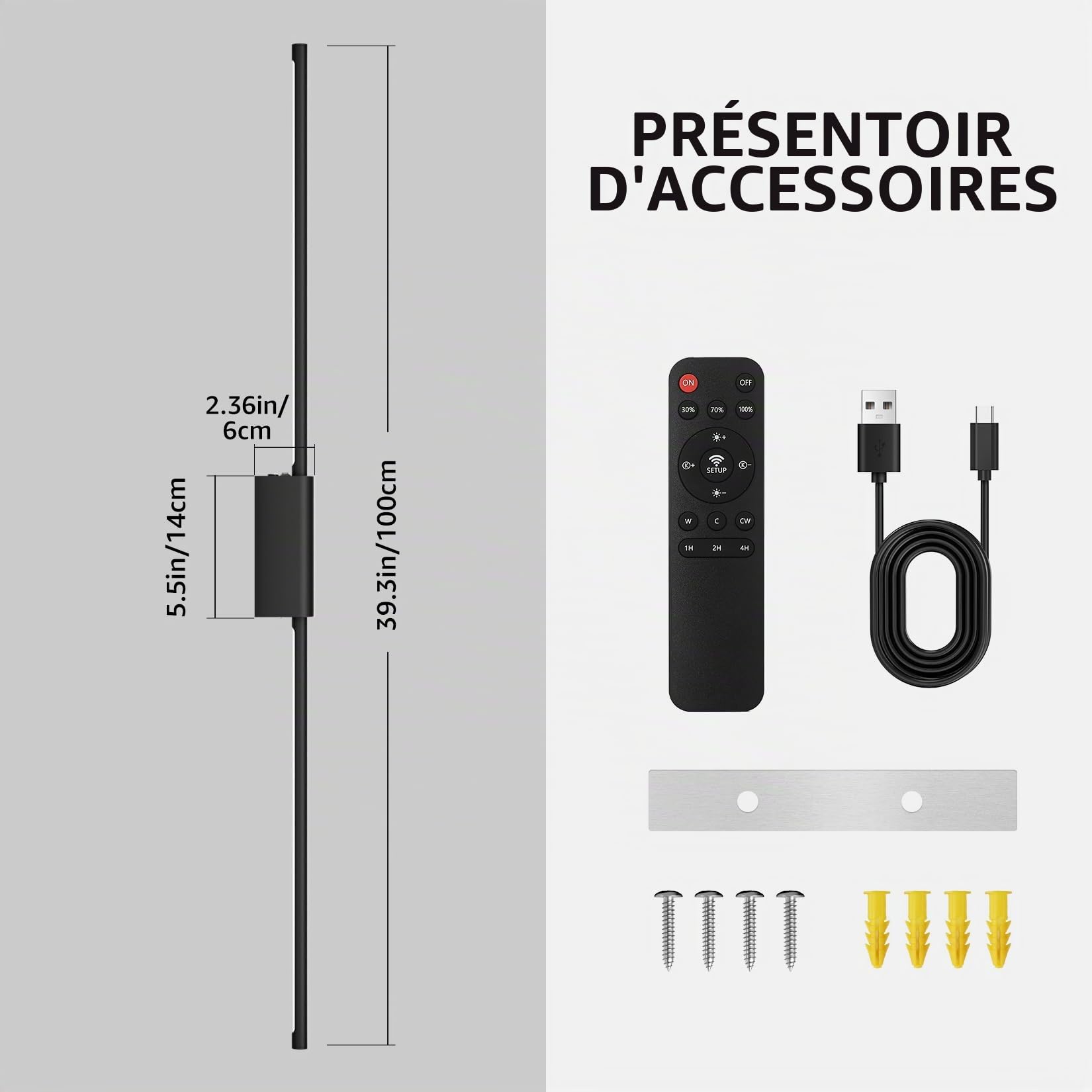 2 Pièces 100cm 9W Lampe Murale LED d'Intérieur Noir sans Fil