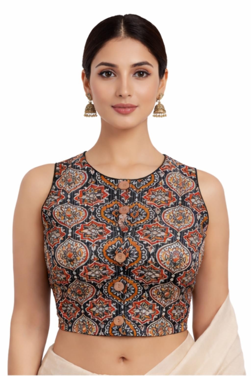 Suvyea Sleeveless Saree Blouse, Cotton Blend, Ethnic Geometric Print, Regular Fit, Crop Length, Free Size-picture-11