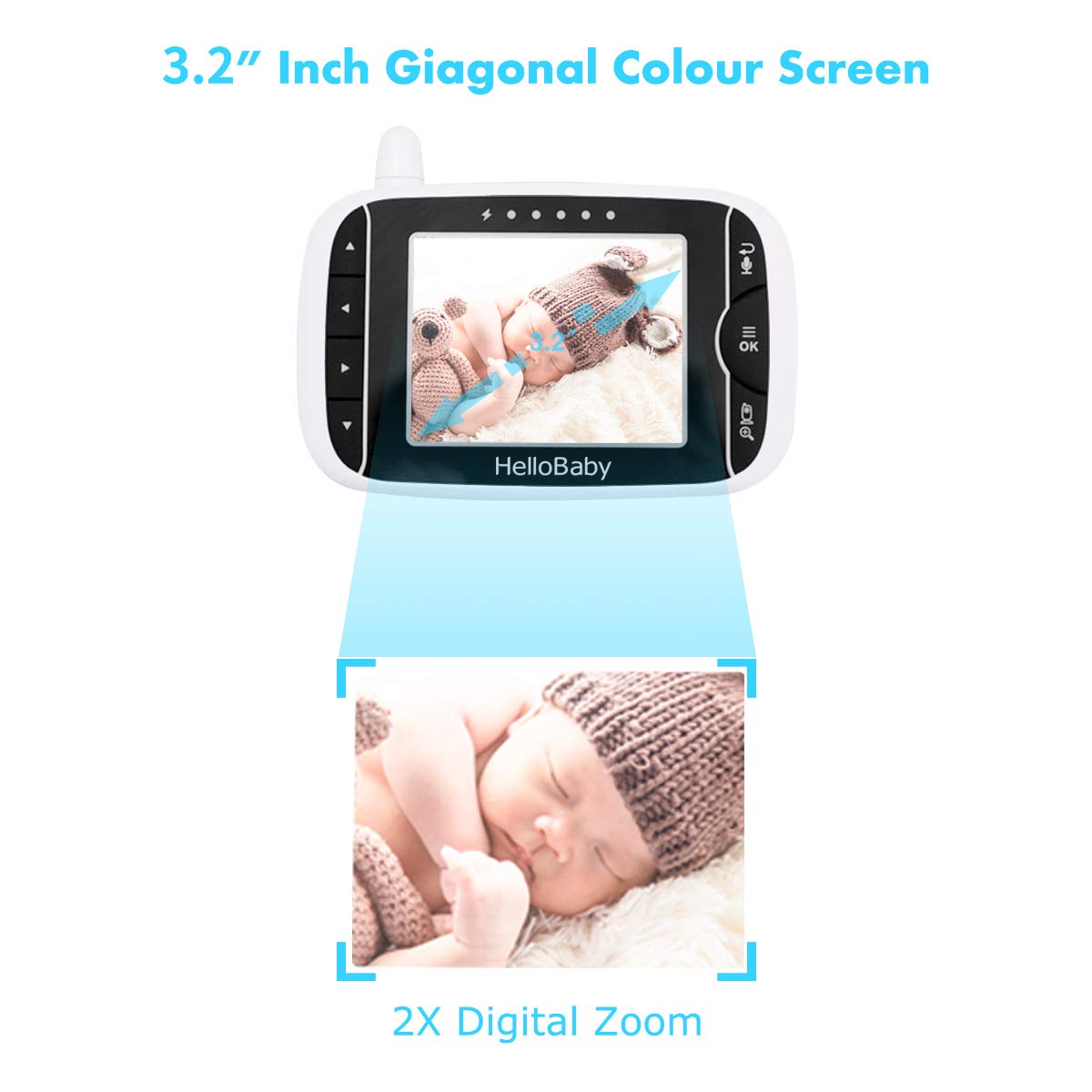 HelloBaby Baby Monitor with Remote Pan-Tilt-Zoom Camera and 3.2'' LCD Screen, Infrared Night Vision