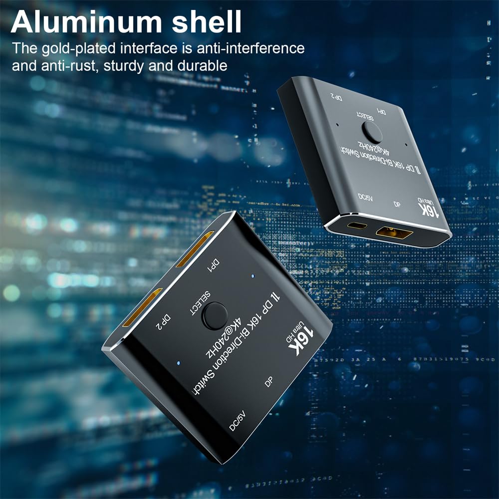 DP DisplayPort 2.0 Dwukierunkowy 2x1 Przełącznik Splitter Selector Hub Wsparcie HDCP SST Extended 16K @ 60Hz 4K @ 240Hz Konwerter
