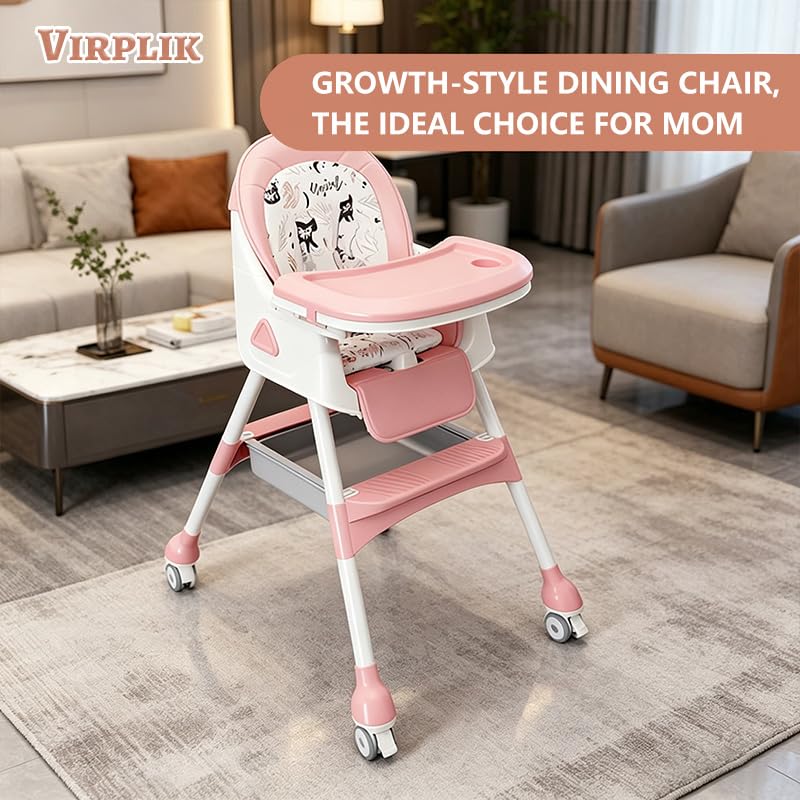 4-in-1 Foldable Baby High Chair for Babies & Toddlers, Adjustable High Chair with Removable Double Tray, Detachable PU Seat Cushion, Locking Wheels, Easy to Clean,Pink thumbnail