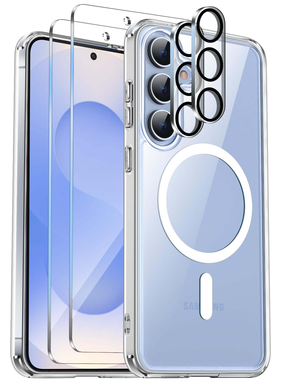 COPIKE Cover Magnetica per Samsung Galaxy S25 con 2 Pezzi Vetro Temperato e 2 Lente Fotocamera Protezione, Custodia Sottile Antiurto [Senza Ingiallimento] Retro Antigraffio, Trasparente