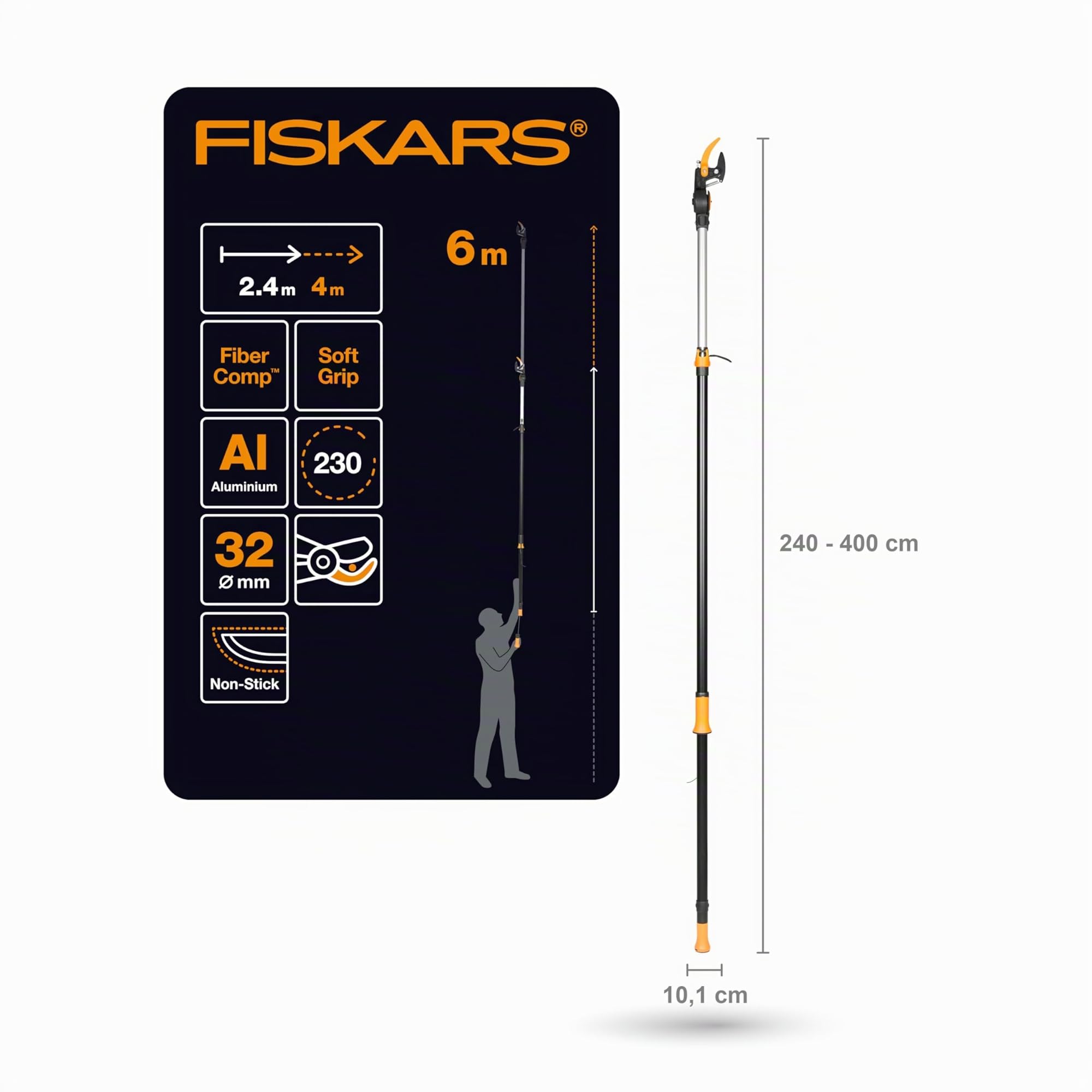 Fiskars Pértiga telescópica con cuchilla Bypass para ramas grandes y pequeñas, Capa antiadherente, Cuchillas de acero/Mango de aluminio, Longitud ajustable: 2,4 – 4 m, Negro/Naranja, UPX86, 1023624