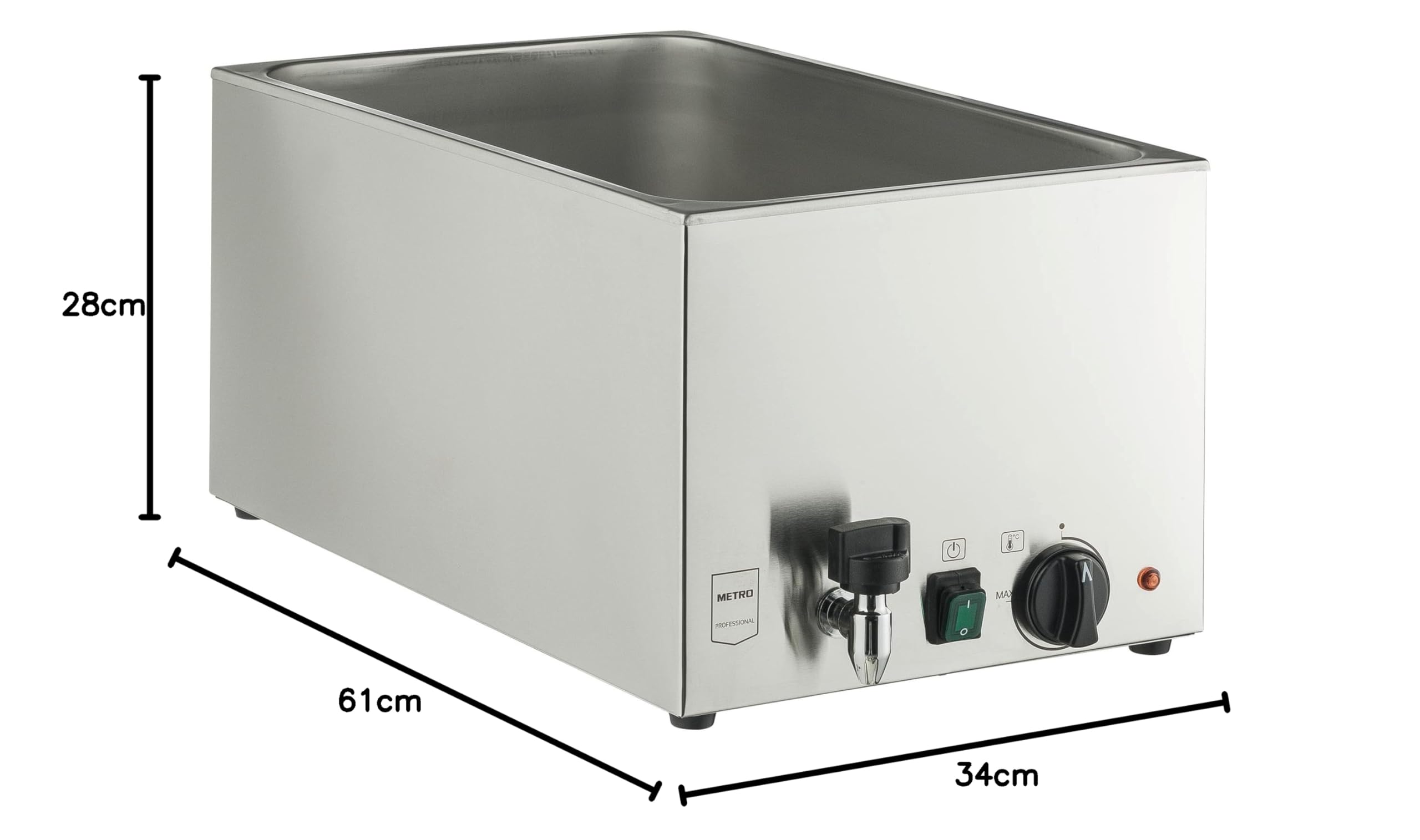 METRO Professional Baño María GBM1200, Acero Inoxidable, 340 x 610 x 283 mm, con Grifo de Vaciado, 30 L