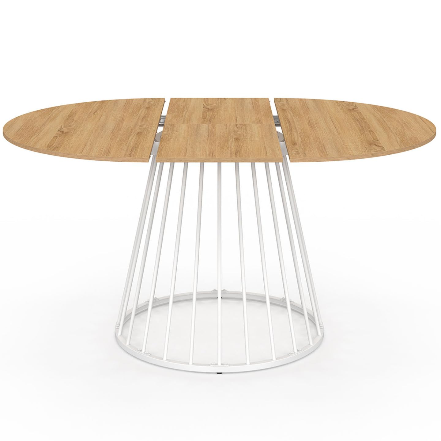 IDMarket Yuna – Mesa de comedor extensible redonda para 4-8 personas, bandeja de madera y pie con cable de metal, 110-150 cm, color blanco