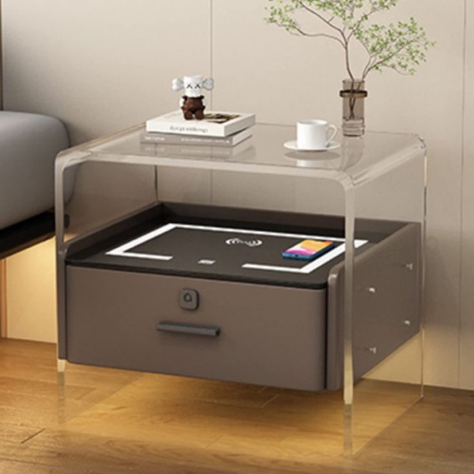 Table de chevet intelligente en acrylique LED avec tiroirs et chargeur