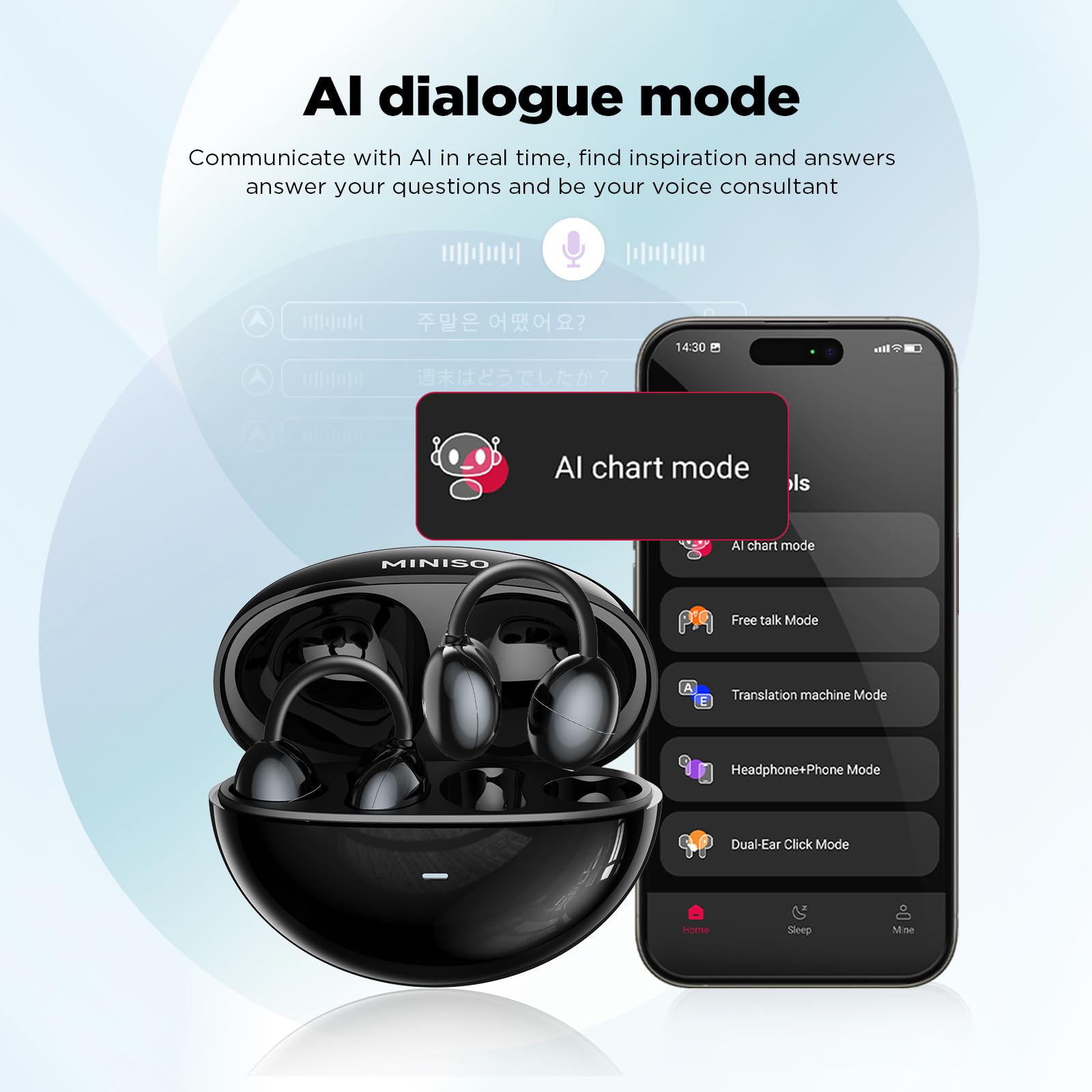 MINISO MS192 AI Translation Earbuds Real Time,3-in-1 Open Ear 135 Language Translator Earbuds,Audifonos Traductores Inglés Español,Ear Clip Earbud fit iOS & Android,for Business,Learning