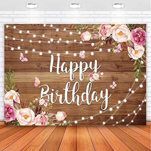 Avezano Pink Floral Birthday Backdrop for Women Rustic Wood Happy Birthday Party Background Watercolor Flower Butterfly Birthday Party Decorations Girls Adult Bday Banner, 7x5ft