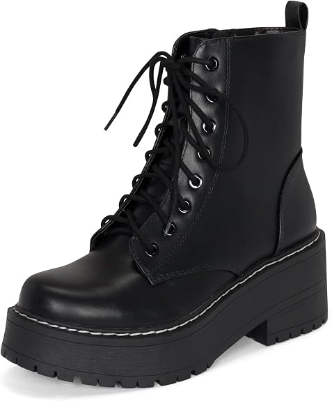Pure Women's Chunky Lug Sole Combat Lace-Up Side Zipper Fashion Ankle Boot - Stylish & Sturdy Women's Boots for Fashion and Comfort
