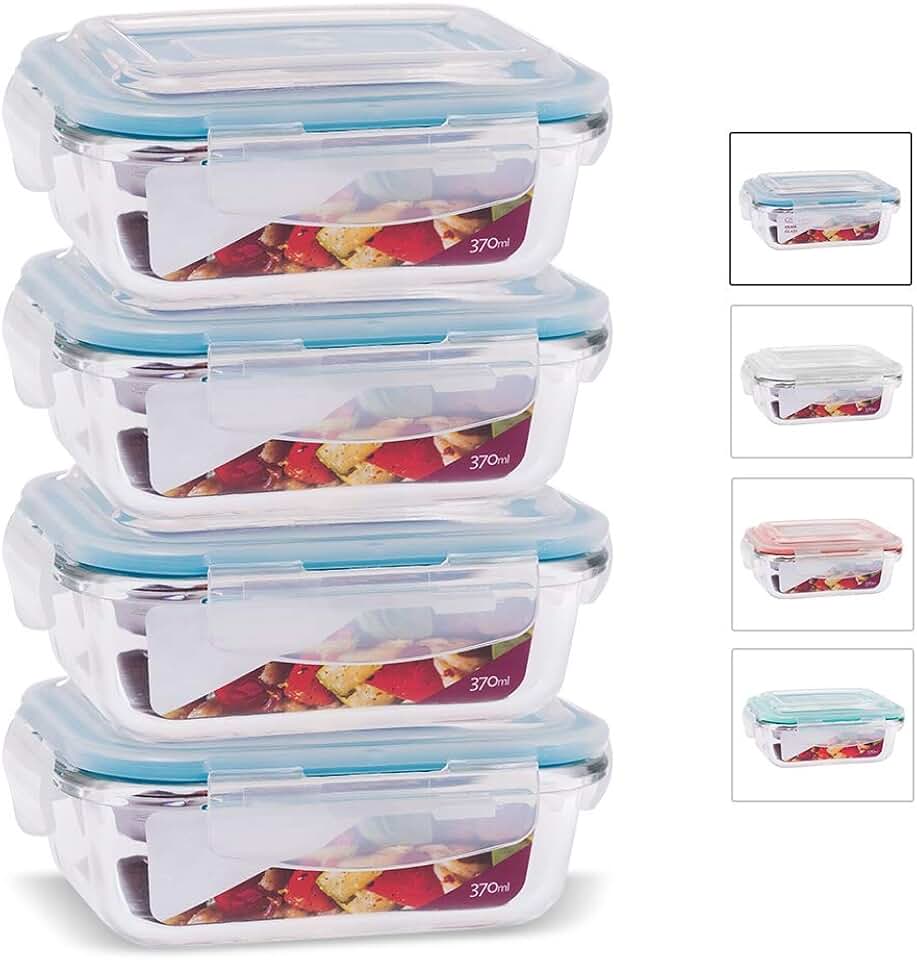KIT 4 Potes de Vidro Retangular com Tampa Hermética 370ml Cor:Azul (QH)