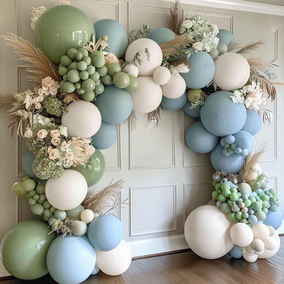 Image of Dusty Blue Green Balloon Garland Arch Kit Double Stuffed Avocado Green Balloons Thick Latex White Sand Pastel Blue Balloons Kit For Jungle Safari Neutral Birthday Baby Shower Party Deocrations