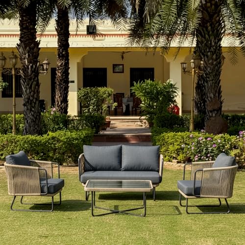 Image of Amazon Brand - Solimo Harbor Outdoor Rope Sofa Set | Balcony Sofa | Patio Conversation Sets | Braided Rope Garden Sofa Set and Table (4 Seater- Beige+Grey)