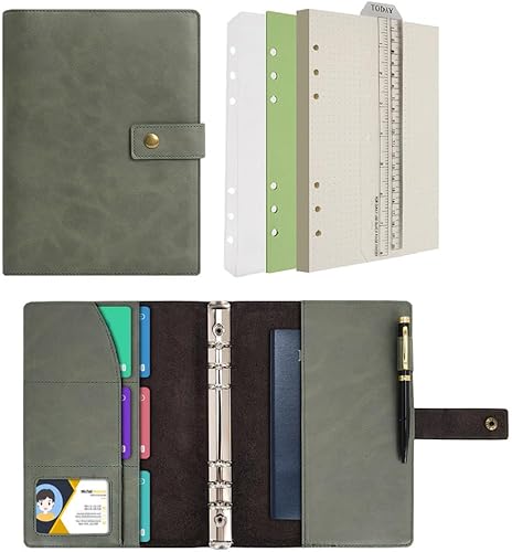 Wonderpool Leather Journal - Cuaderno de escritura recargable de papel punteado, diario de cuero en espiral con bolsillos organizadores internos