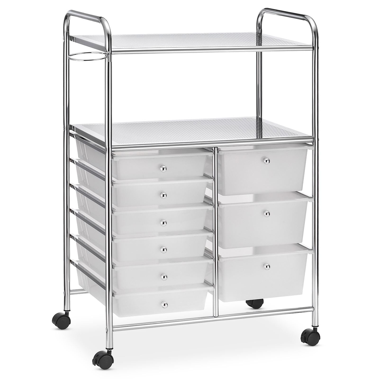 IDIMEX Caisson sur roulettes Marita Chariot avec 9 tiroirs en Plastique Blanc Transparent et 2 étagères avec Anneau Porte sèche Cheveux, Meuble de Rangement pour Salle de Bain en métal chromé