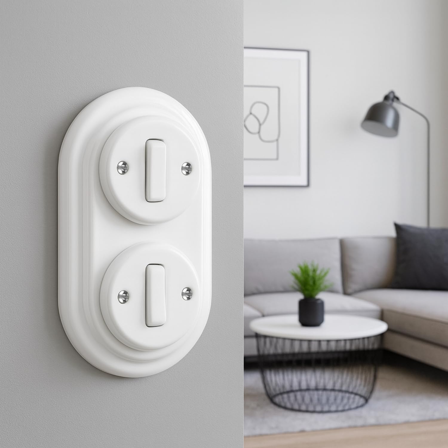 Interruttore a incasso in porcellana, stile retrò, a 2 scomparti, All-in-One, set serie PR1, bianco