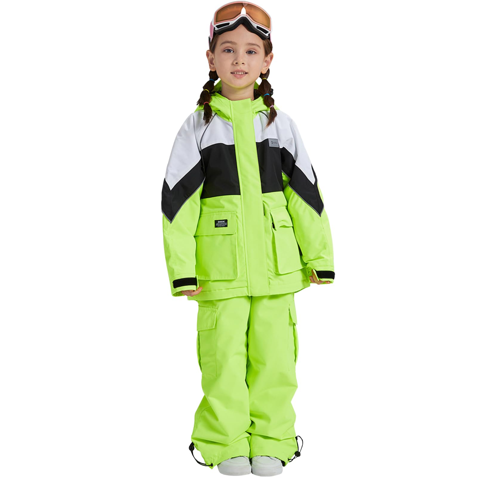 Traje de nieve infantil de 2 piezas, chaqueta de esquí + pantalones de esquí, impermeable, cortavientos, transpirable, con capucha, para niños y niñas, traje de esquí de invierno, verde neón