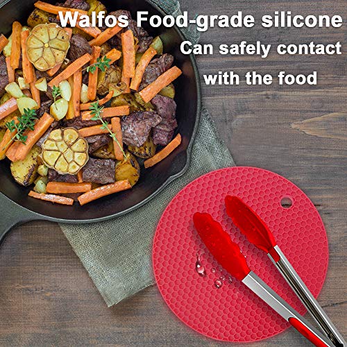 Image of Walfos Silicone Trivet Mats - 4 Heat Resistant Pot Holders, Multipurpose Non-Slip Hot Pads for Kitchen Potholders, Hot Dishers, Jar Opener, Spoon Holder, Food Grade and BPA Free (Red)