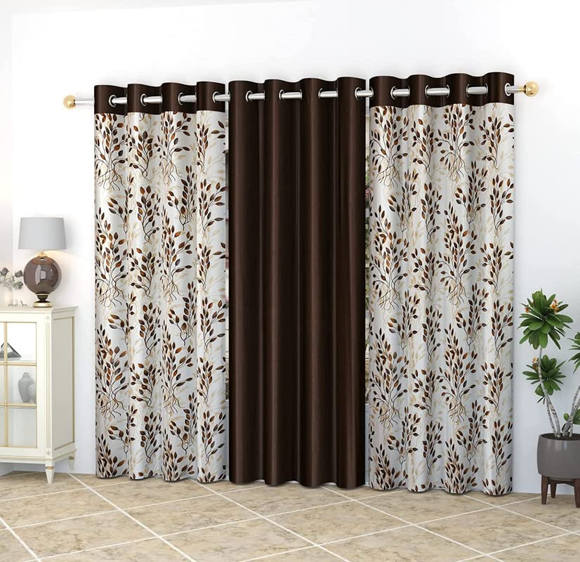 GEET CREATIONS Premium Polyester Combination Roma Printed Curtains for Window 5 Feet,Pack of 3,Brown