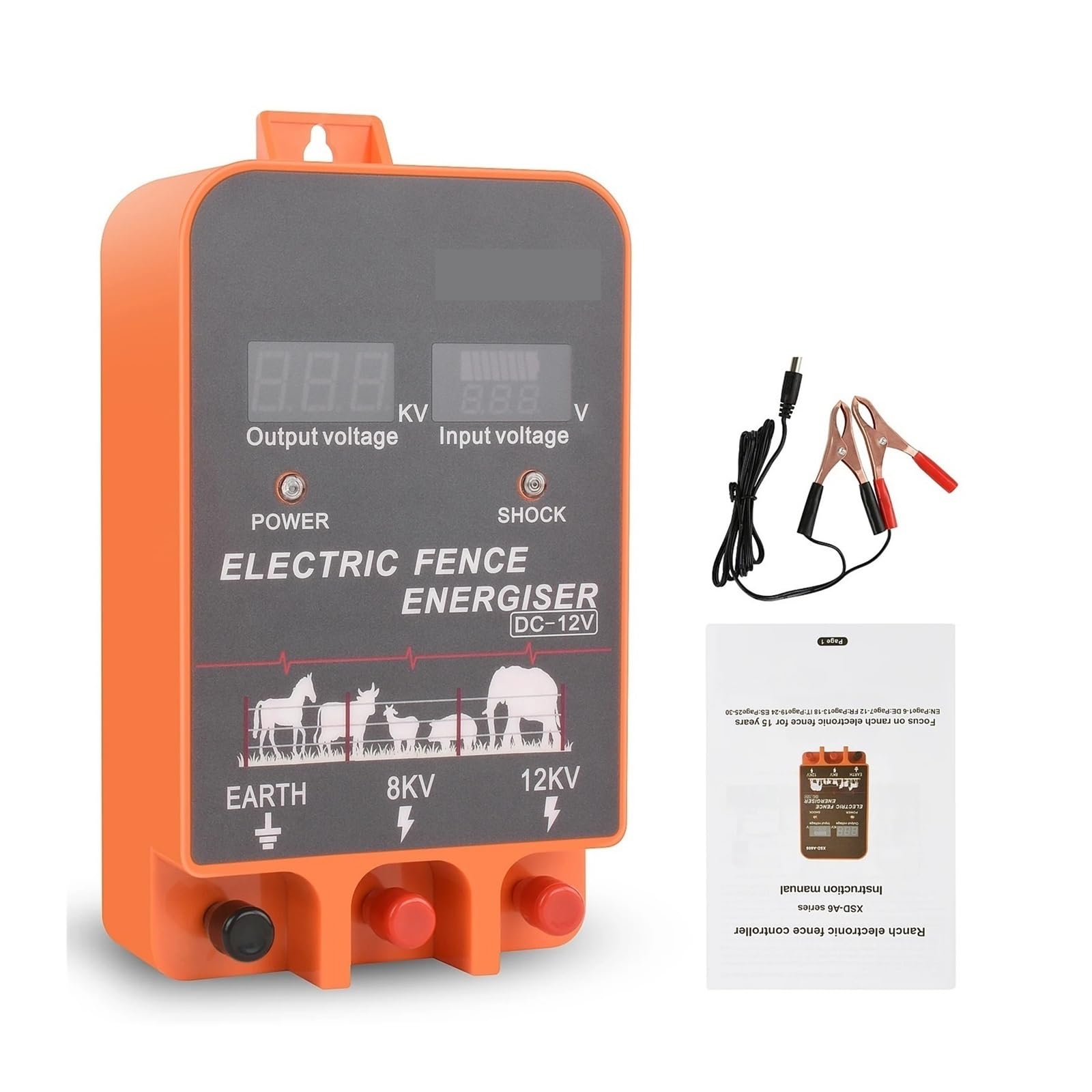 Pastor Electrico, Energizador de cerca eléctrica de 10 km, 2,5 julios, con pantalla LCD, controlador de energizador de 2,5 julios y 12 V for granjas, ganado, vacas, ganado vacuno y caballos